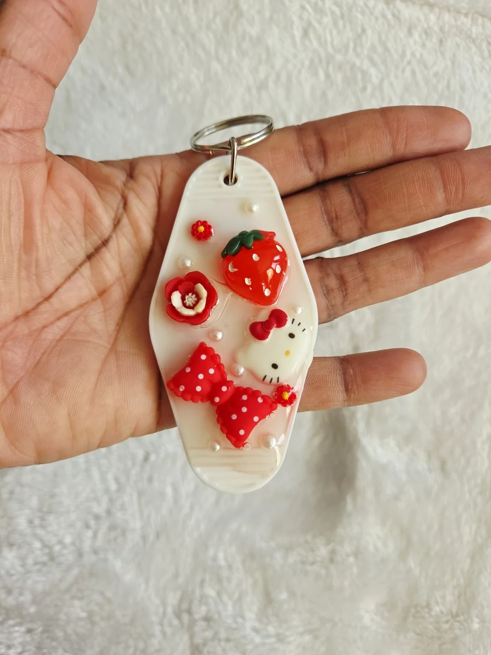 Hello Kitty Cute Red Strawberry & Bow Resin Junk Keychain
